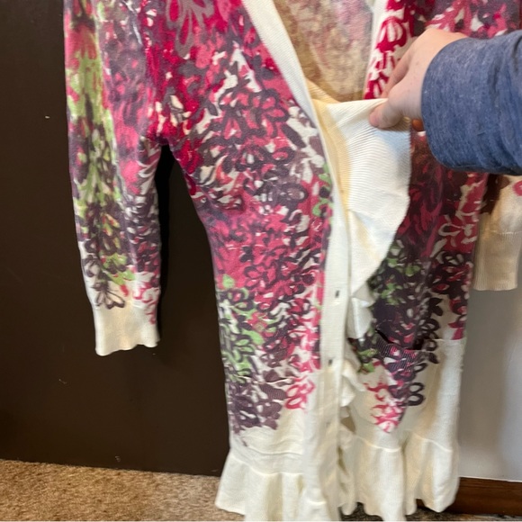 Anthropologie Tabitha Ruffle Floral Cardigan Spring Pink White Pockets Y2K M - Picture 5 of 9
